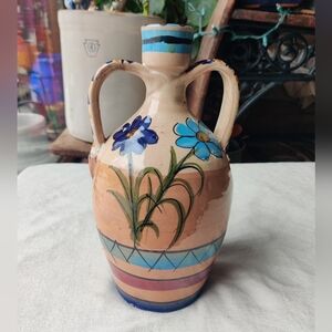 Vintage Mexican Pottery Double Handle Jug Vase 11.5" Floral Blue Flowers Rustic